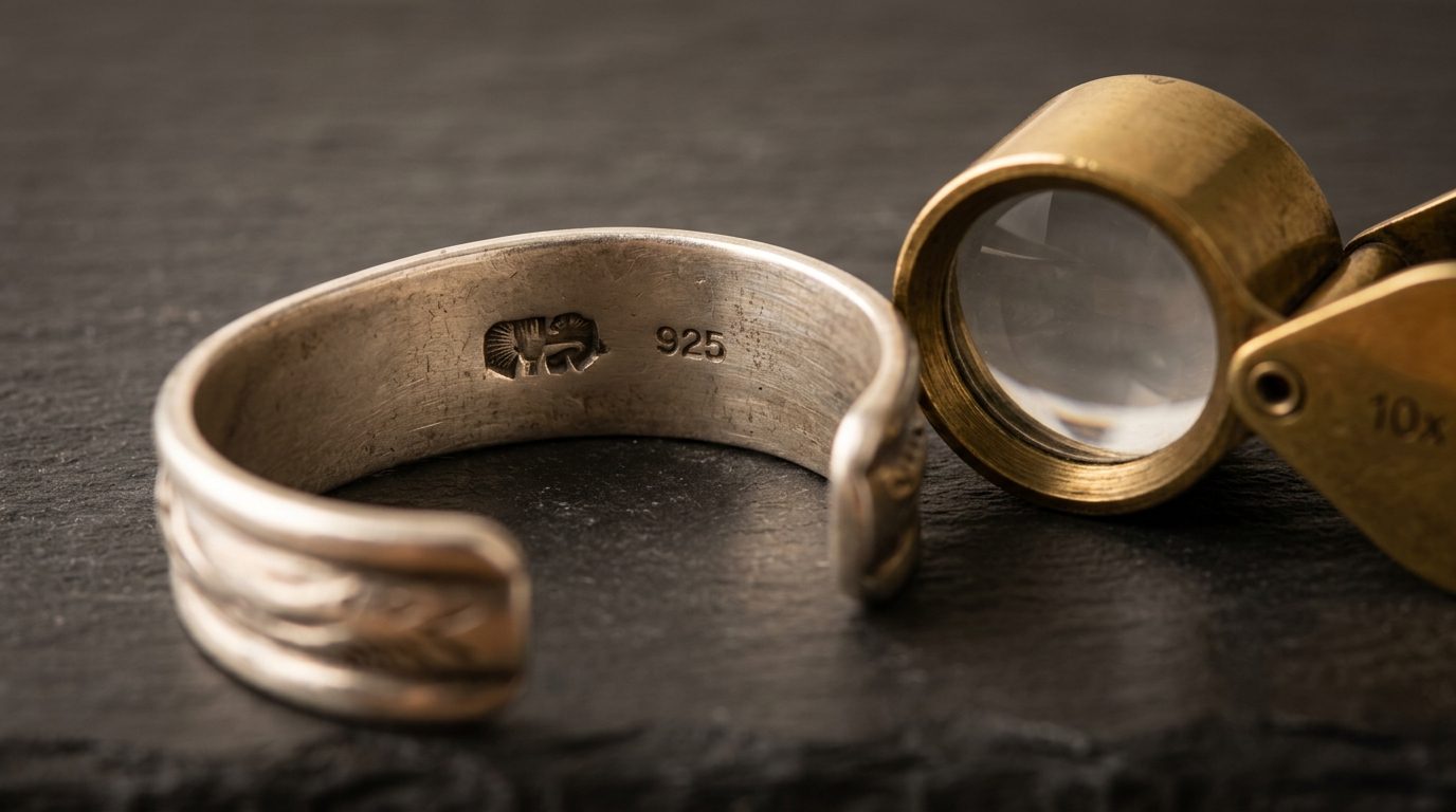 Macro photograph of a vintage sterling silver bracelet displaying an artisan hallmark and purity stamp next to a jeweler's loupe.