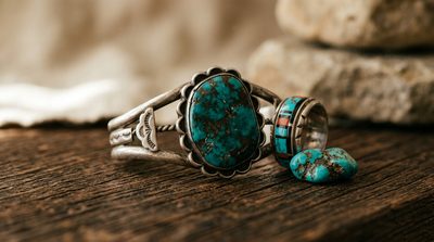 Vintage Southwestern sterling silver cuff and inlaid ring with blue-green turquoise on aged wood.