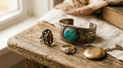 Vintage sterling silver and turquoise cuff bracelet alongside a modernist silver ring on dark wood.