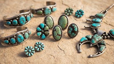 Vintage sterling silver jewelry with natural turquoise stones on a warm stone surface