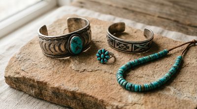 Four distinct pieces of vintage Southwestern jewelry representing Navajo, Zuni, Hopi, and Santo Domingo silverwork traditions.