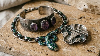 Vintage Taxco sterling silver cuff, modernist necklace, and brooch arranged on weathered travertine stone.