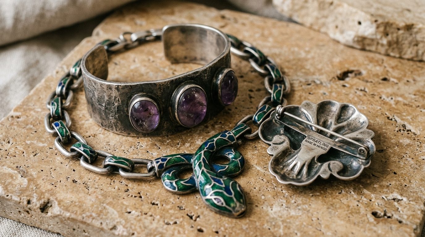 Vintage Taxco sterling silver cuff, modernist necklace, and brooch arranged on weathered travertine stone.