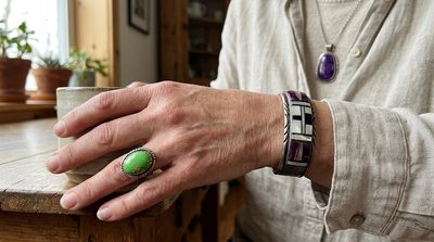 Vintage Southwestern sterling silver jewelry featuring spiny oyster shell, black jet, mother-of-pearl, and green gaspeite on sandstone.
