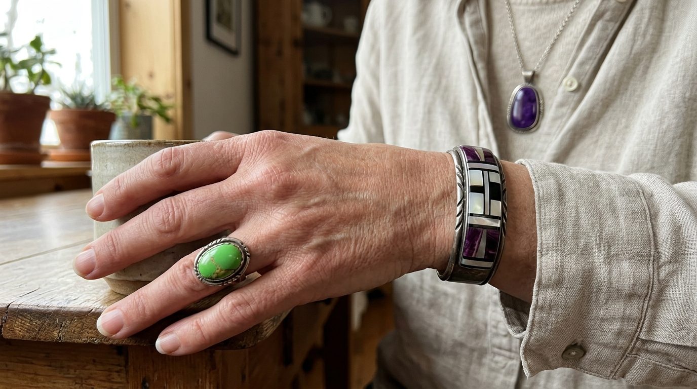 Vintage Southwestern sterling silver jewelry featuring spiny oyster shell, black jet, mother-of-pearl, and green gaspeite on sandstone.