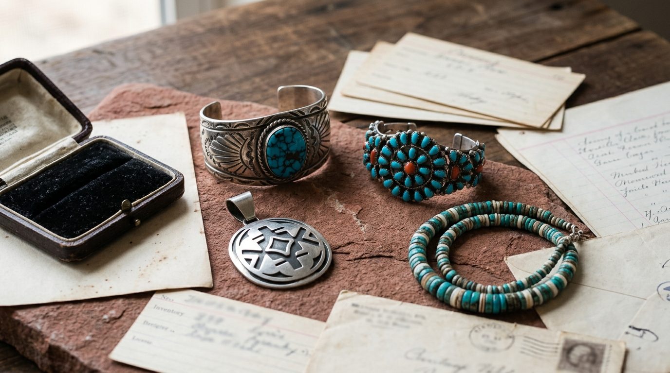 A curated collection of vintage Navajo stamped cuffs, Zuni needlepoint jewelry, Hopi overlay silver, and Kewa heishi beads on rustic desert stone.