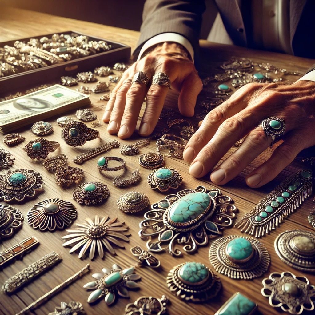 A bench of vintage sterling silver jewelry being sorted for the collection